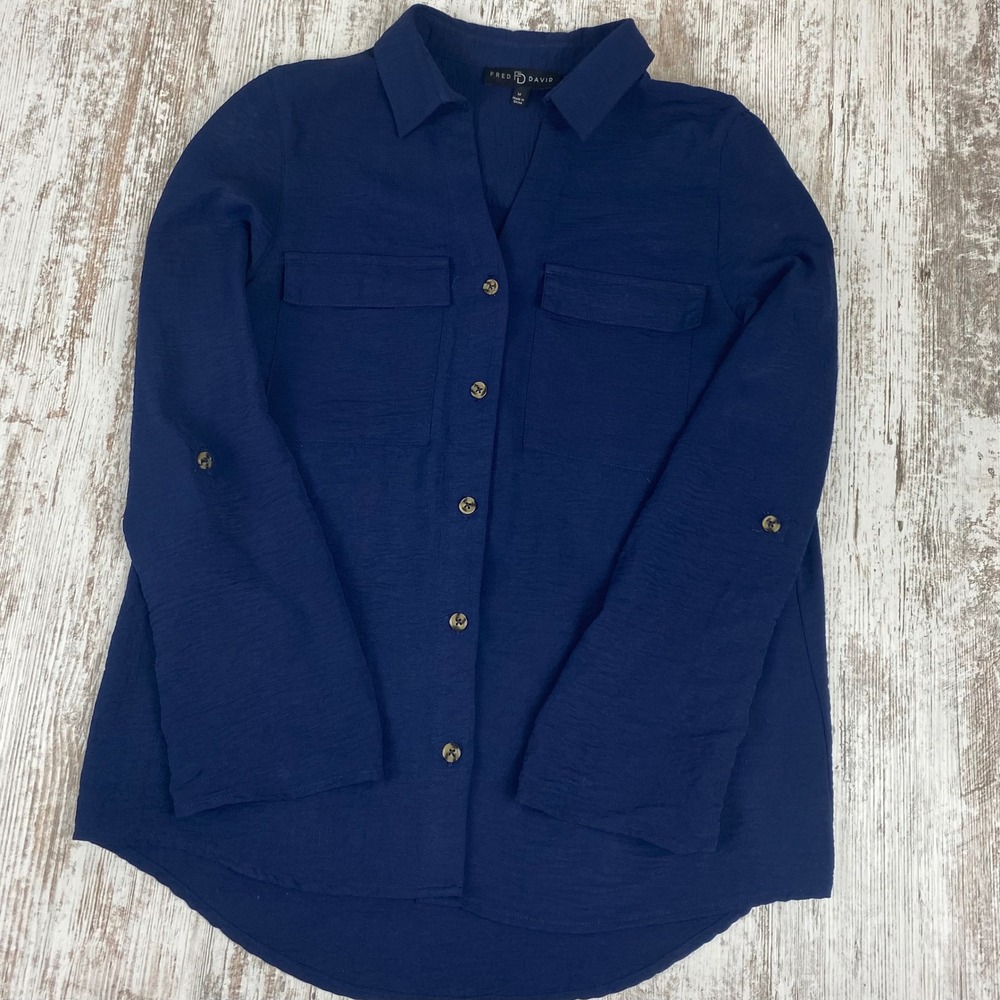 Fred David Women's Utility Tunic Blouse Medium Navy Roll Tab Button Up Shirt